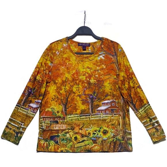 Gloria Vanderbilt Women's Medium Top Rhinestones in Trees Fall Farm Scene - Picture 1 of 7